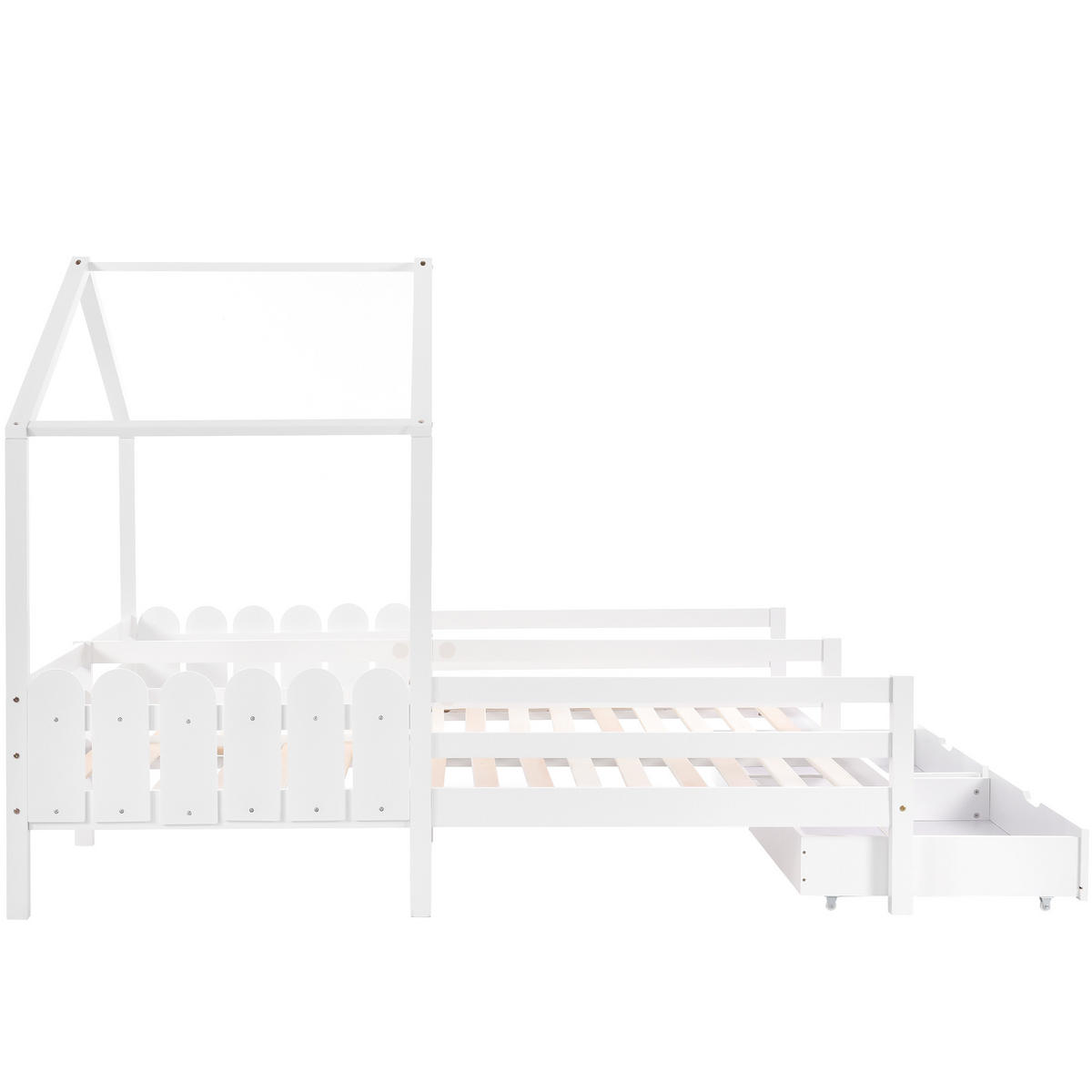KINDERBETT 90/200 cm & 90/200 cm in Weiß mit 2 Schubladen Massivholz Hausbett-Design - Weiß, Holzwerkstoff (90/200cm) - STILVORA