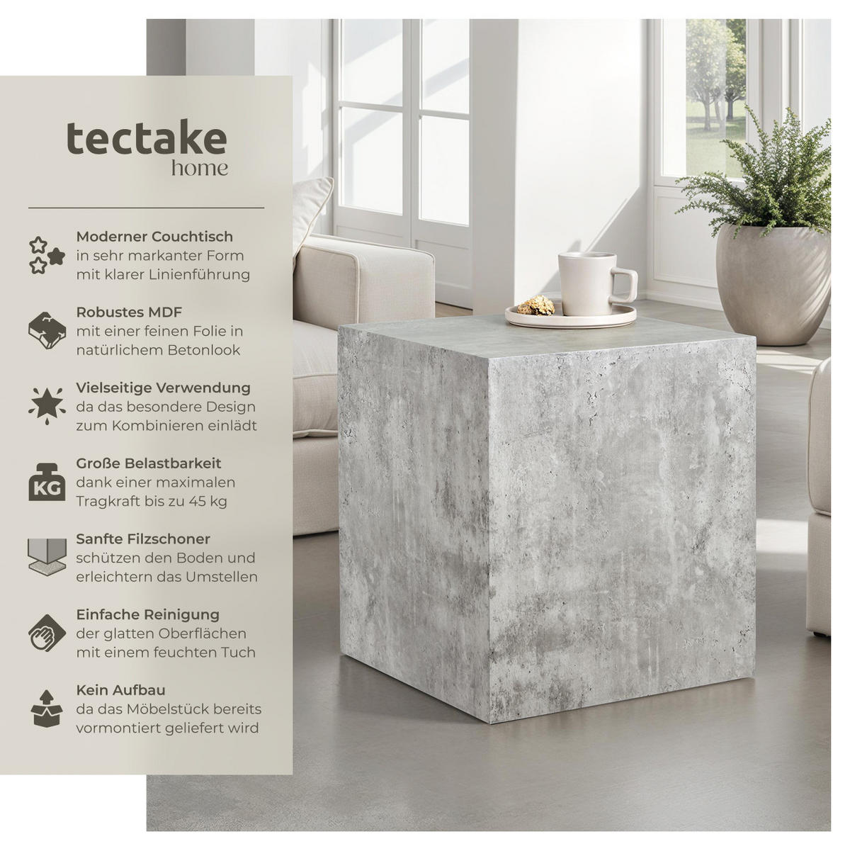 COUCHTISCH Lasley,inkl. Bodenschoner, Belastbarkeit 45 kg,Beton Optik - Grau, Holz (45/45/50cm) - tectake