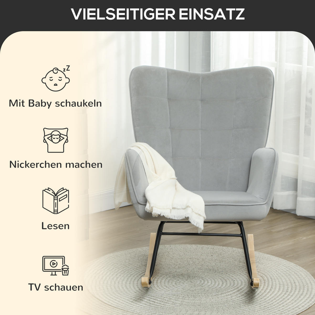 SCHAUKELSTUHL, Schaukelsessel mit Samtoptik, Armlehne für Wohnzimmer, Hellgrau - Hellgrau/Naturfarben, Buchenholz/Textil (98/101/71cm) - HOMCOM