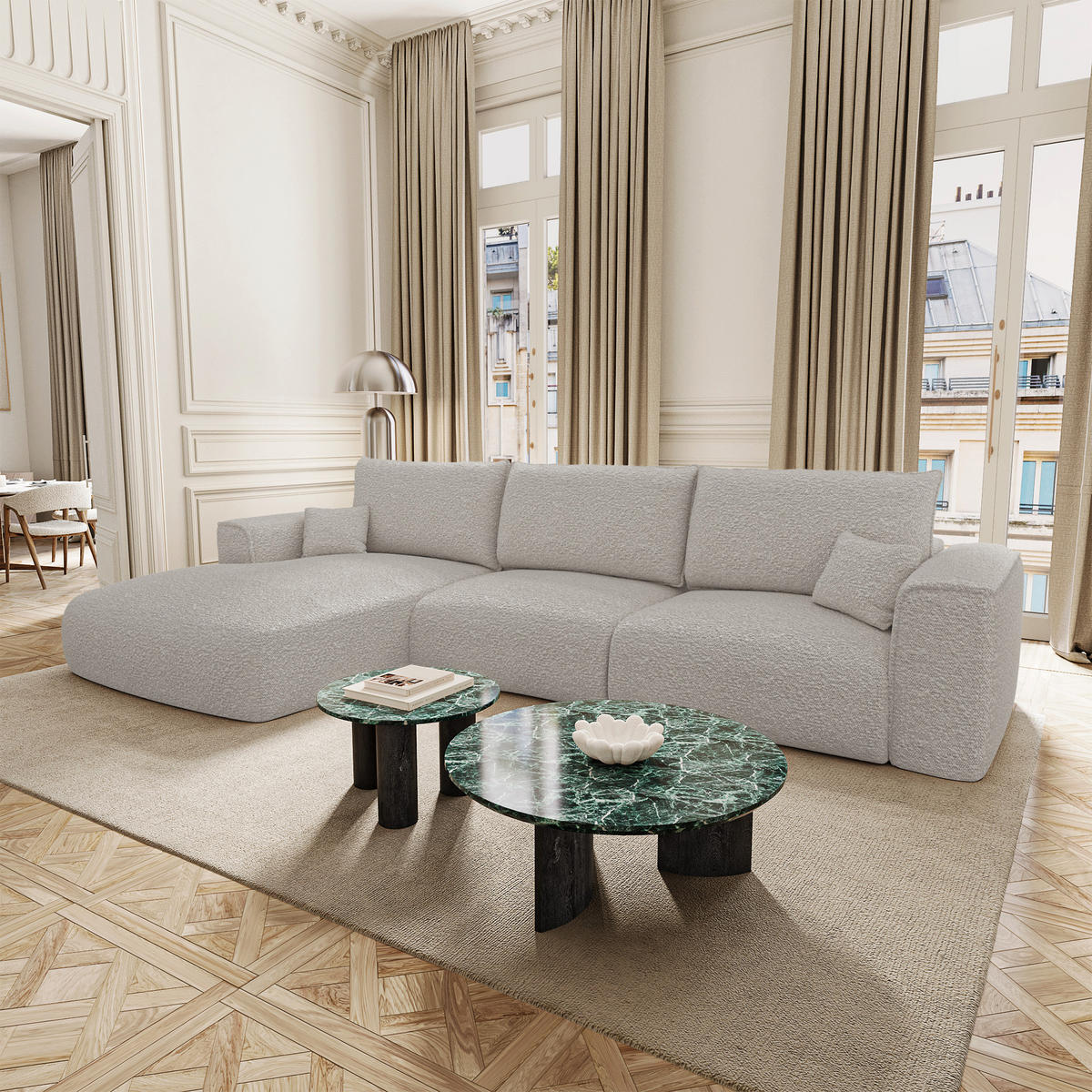 SCHLAFSOFA Express COMO Bouclé-Stoff Hellgrau 300cm - Hellgrau/Grau, Textil (300/165cm) - Premium Interiors