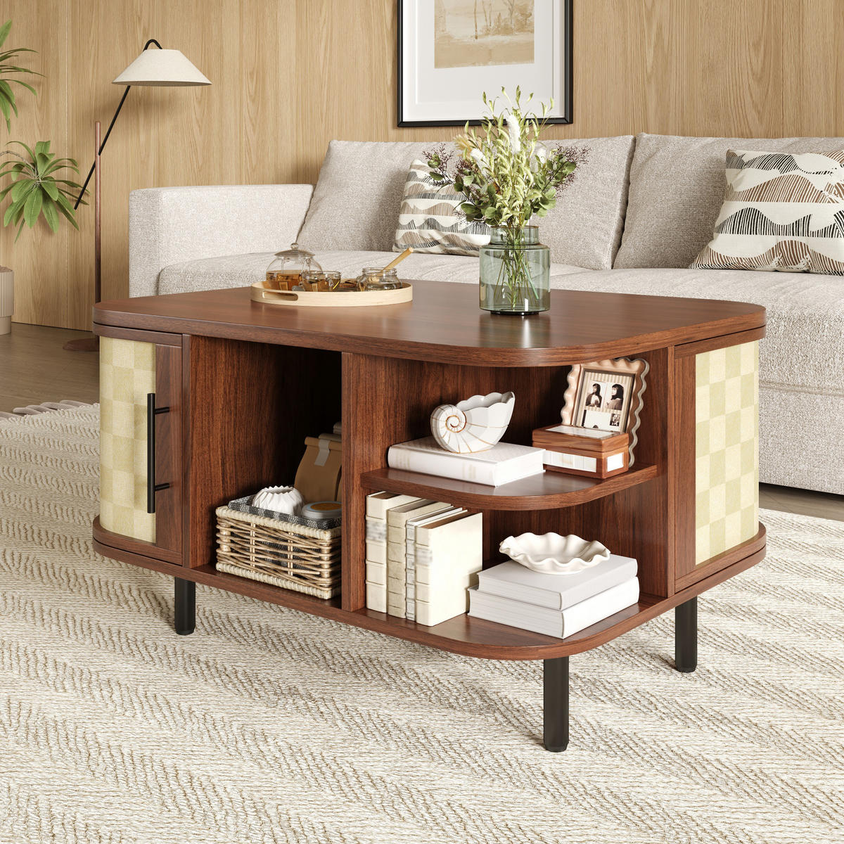 COUCHTISCH DE-37082 geschwungene Form mit Geflechtstruktur Nussbaum - Walnussfarben, Holzwerkstoff (80/60/47cm) - ComfortXL