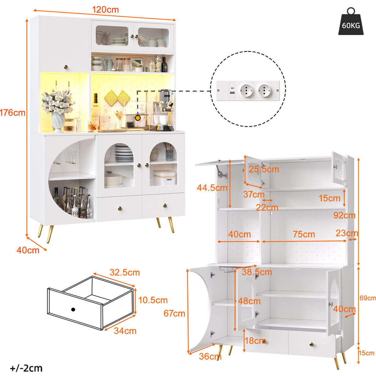 ANRICHTE 120/40/176 cm in Weiß mit LED-Beleuchtung und USB-Anschlüssen - Weiß, Holzwerkstoff (120/176/40cm) - Flora Grace