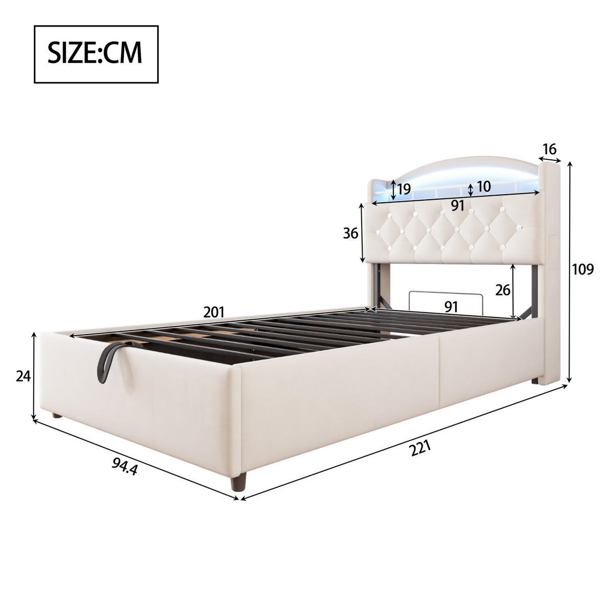 KINDERBETT Polsterbett 90/200 cm aus Samt mit Stauraum, LED und USB Beige - Beige, Textil (90/200cm) - Modenvie