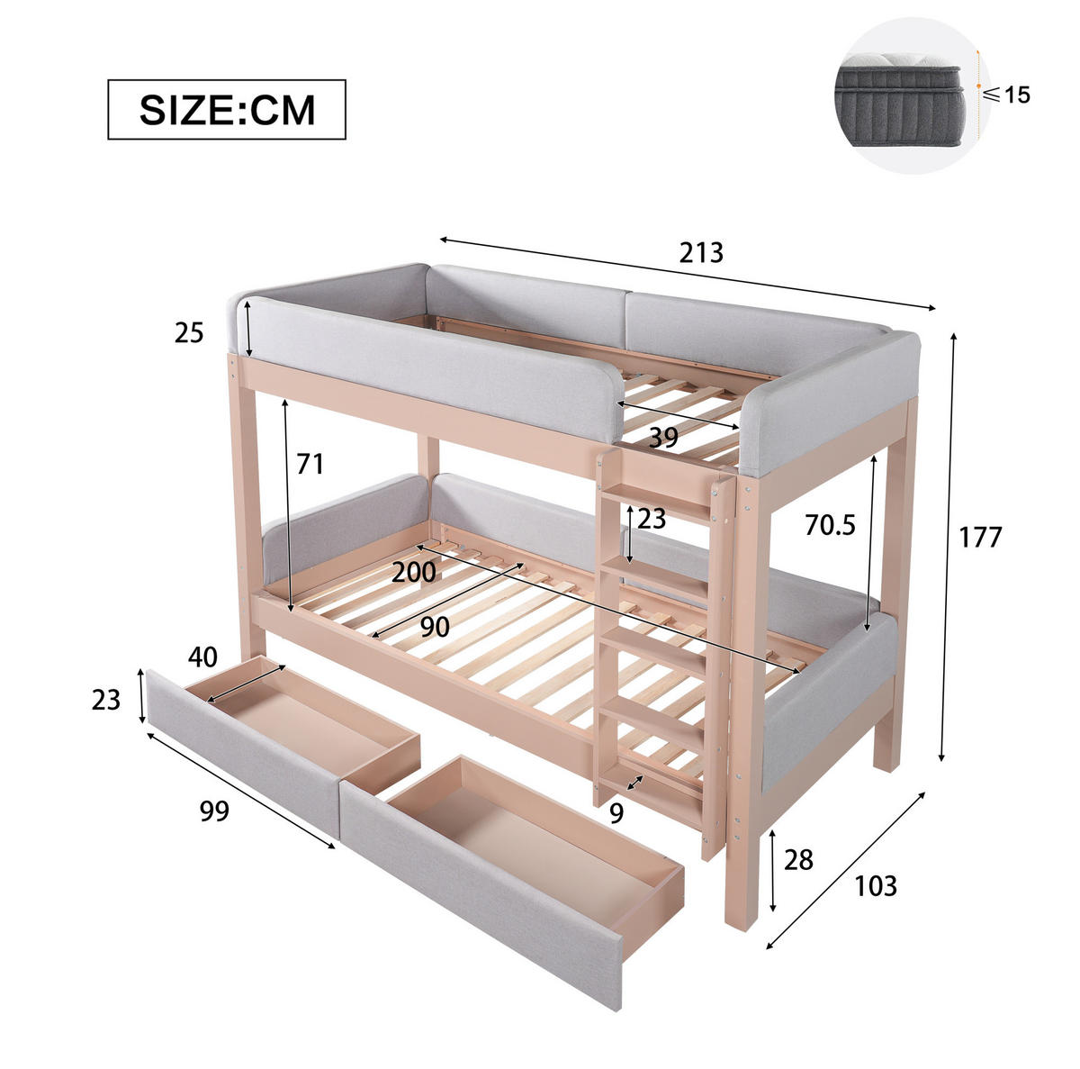 ETAGENBETT mit Treppe und 2 Schubladen 90x200 cm Grau/Natur - Grau, Holzwerkstoff (90/200cm) - Beauniv