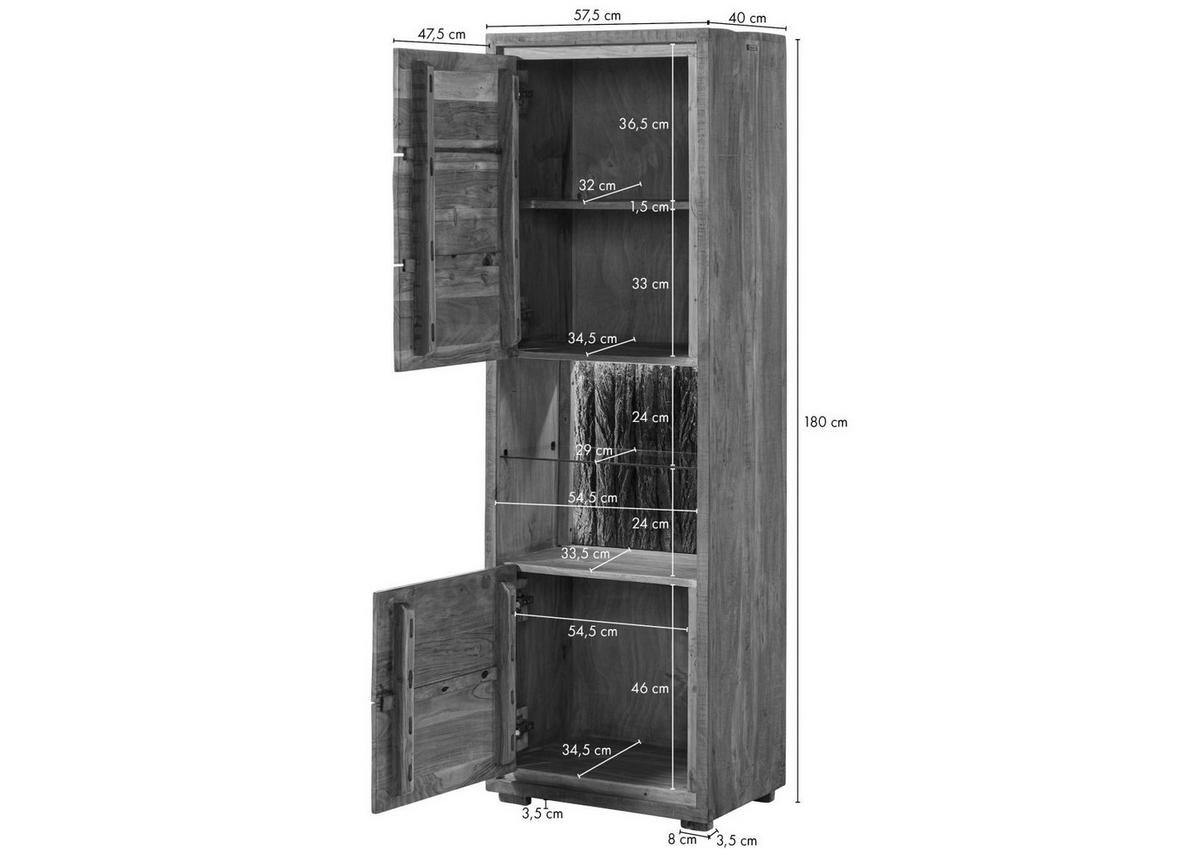 VITRINE Akazie 58x40x180 natur lackiert BARK #102 - Braun, Holzwerkstoff (58/180/40cm) - Massivmoebel24