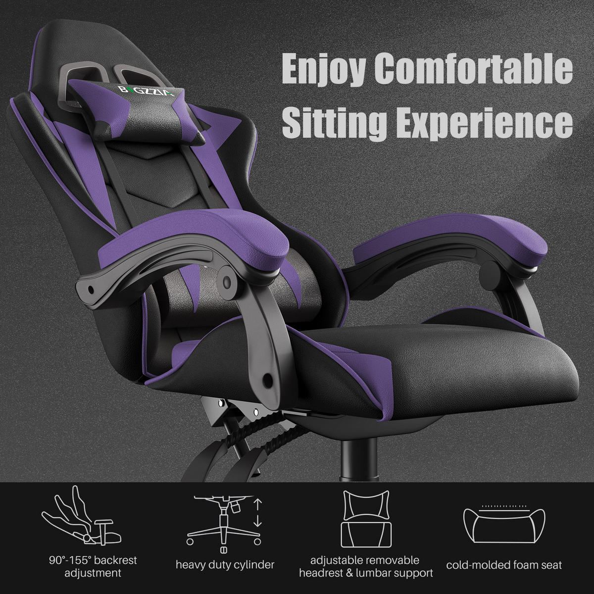 GAMING-STUHL ergonomisch, verstellbare Rückenlehne, Kissen – Schwarz/Lila - Lila, Leder (59/120/56cm) - Rattantree