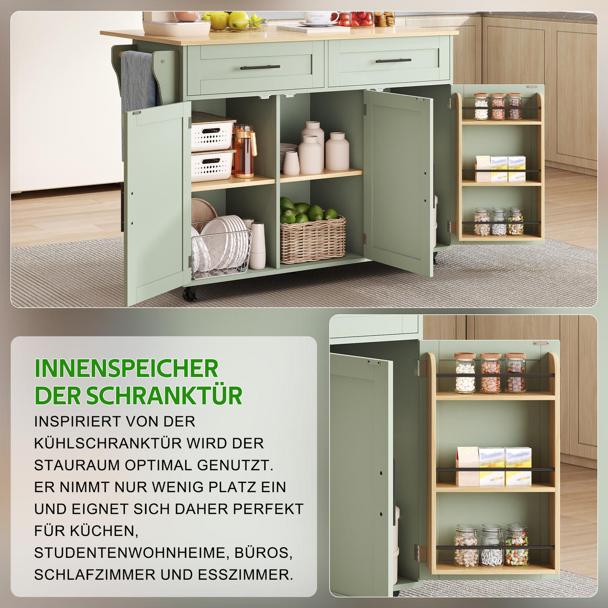KÜCHENINSEL 129/71/91,5 cm Antikgrün mit 2 Schubladen, Klappbarer Arbeitsplatte, 5 Universalrädern und Massivholzfüßen - Salbeigrün, Holz/Holzwerkstoff (46/91.5/120cm) - Oxeza