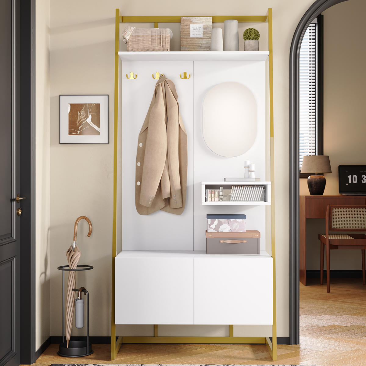 GARDEROBE Kompakt Spiegel Schuhbank Metallhaken - Weiß, Holzwerkstoff (38.5/180.5/78cm) - FLIEKS