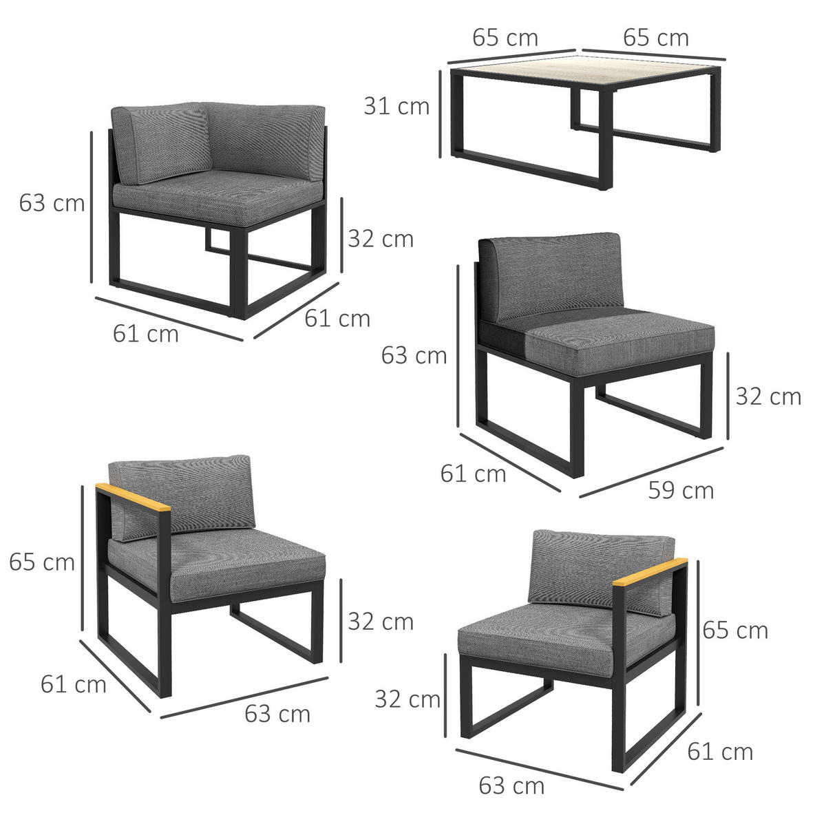 LOUNGEGARNITUR 6-teilig DE-13398 Schwarz/Holzoptik - Grau, Metall - ComfortXL