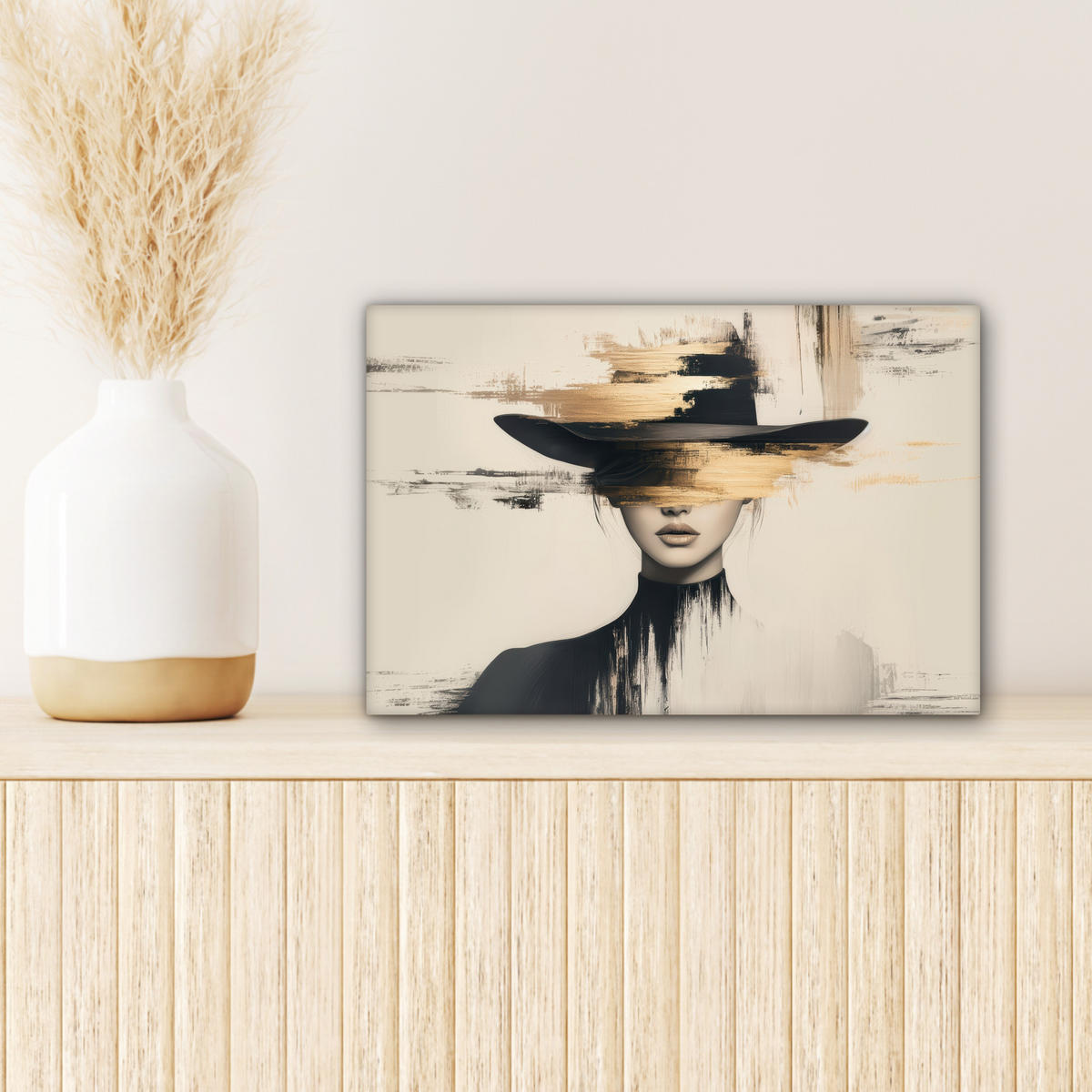 LEINWANDBILD Frau - Hut - Farbe Deko Schlafzimmer 30x20 cm - Goldfarben, Textil (30/20cm) - MuchoWow