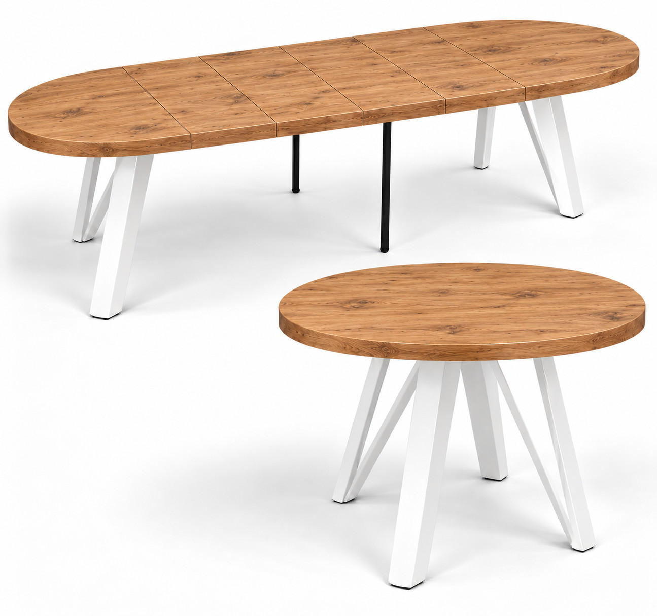 ESSTISCH rund ausziehbar 100/300/76 cm, Eiche Craft, 54 cm Tischplatte + Industrial Metallgestell Weiß - Eichefarben/Weiß, Holzwerkstoff/Metall (100/300/76cm) - Damale Möbel