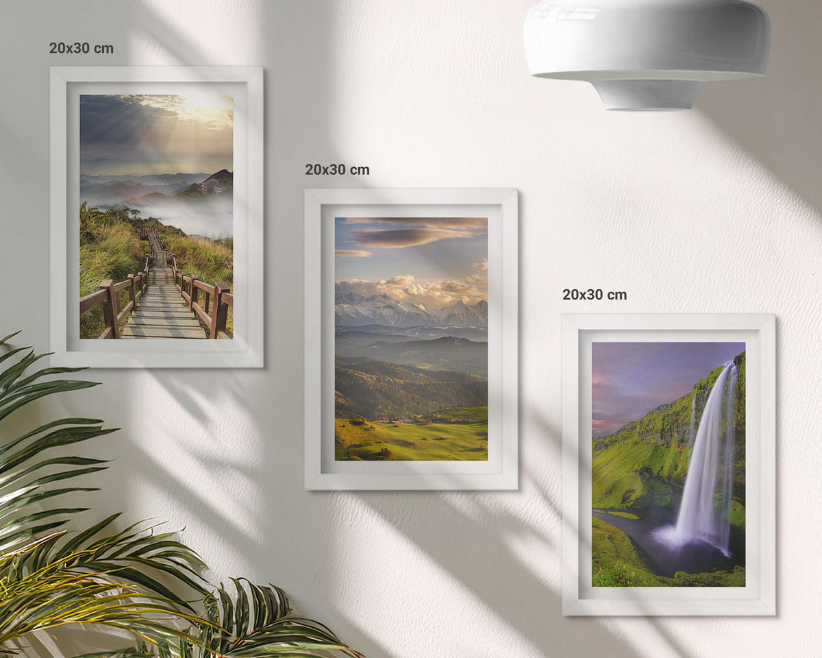 WANDBILDER 3er-Set - 20x30 cm Weißer Rahmen - Berglandschaften Wasserfall - Weiß, Kunststoff (20/30cm) - ArtPrintCave