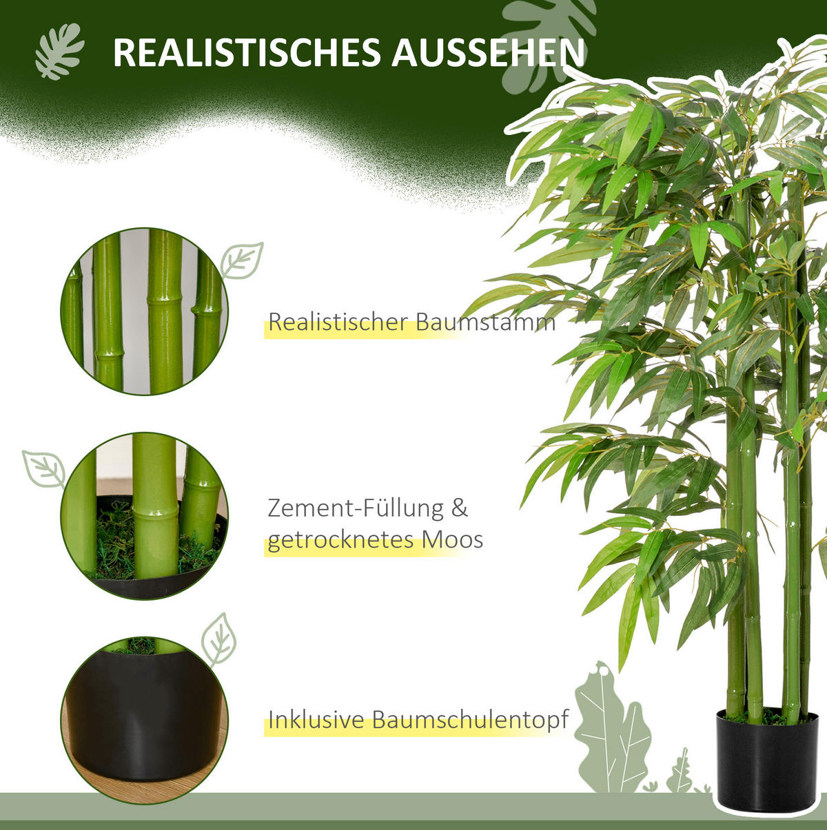 KUNSTPFLANZEN Bambusbaum 17/17/140 cm grün aus Kunststoff mit Topf - Grün, Kunststoff (140cm) - OKWISH