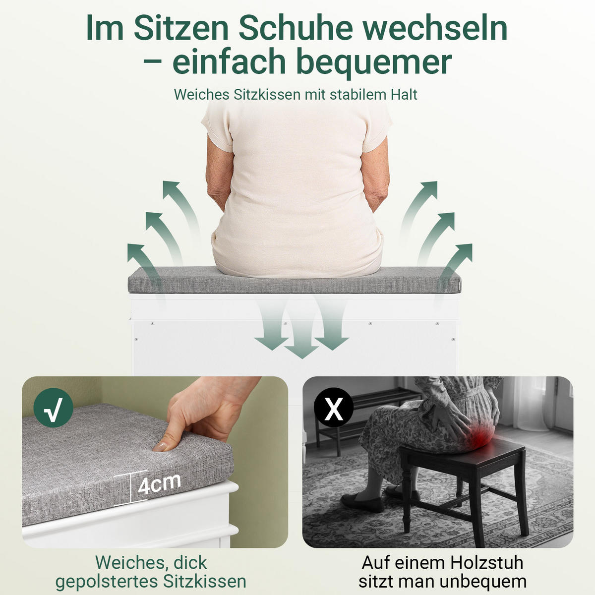 SCHUHBANK, Weiß 75x51x24cm, Klappe mit 2 Ebenen für 6 Paar Schuhe, Sitzpolster, bis 150 kg, schmal für Flur & Diele - Weiß, Holzwerkstoff (75/51/24cm) - SoBuy