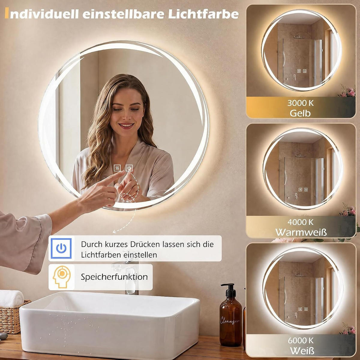 BADEZIMMERSPIEGEL mit Beleuchtung silber - Silberfarben, Glas (50/50/4cm) - COSTWAY