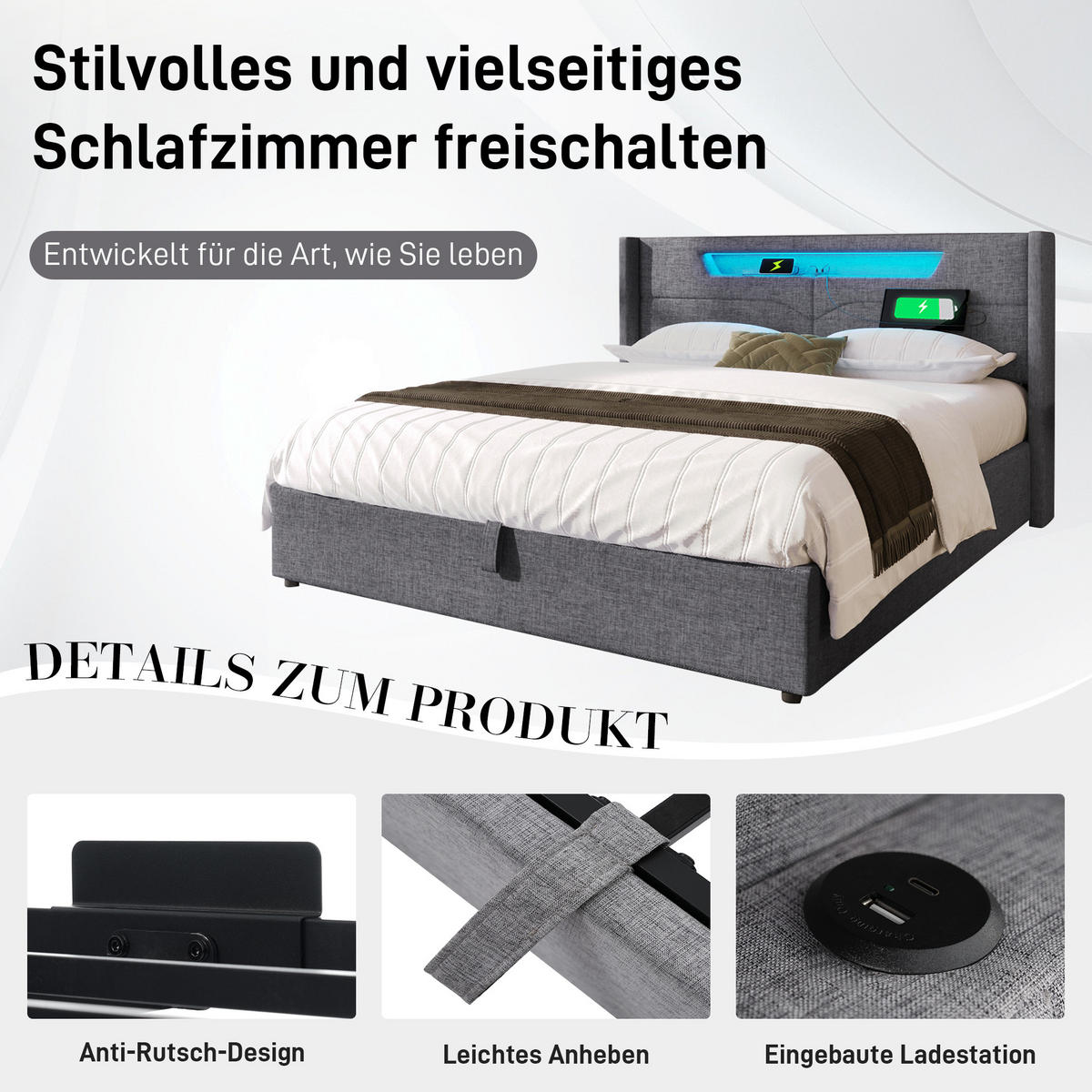 POLSTERBETT 140/200 cm Grau mit Stauraum mit LED-Beleuchtung und USB- und Type-C-Anschlüssen - Grau, Textil (140/200cm) - OKWISH
