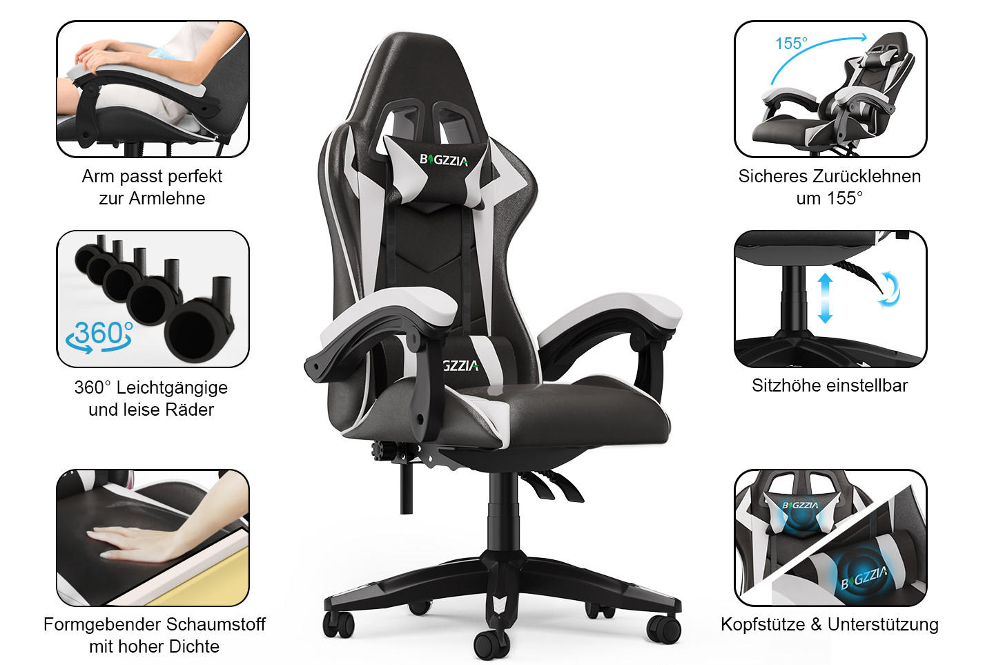 GAMING-STUHL ergonomisch, verstellbare Rückenlehne, Kissen – Schwarz/Weiß - Weiß, Leder (59/120/56cm) - Rattantree