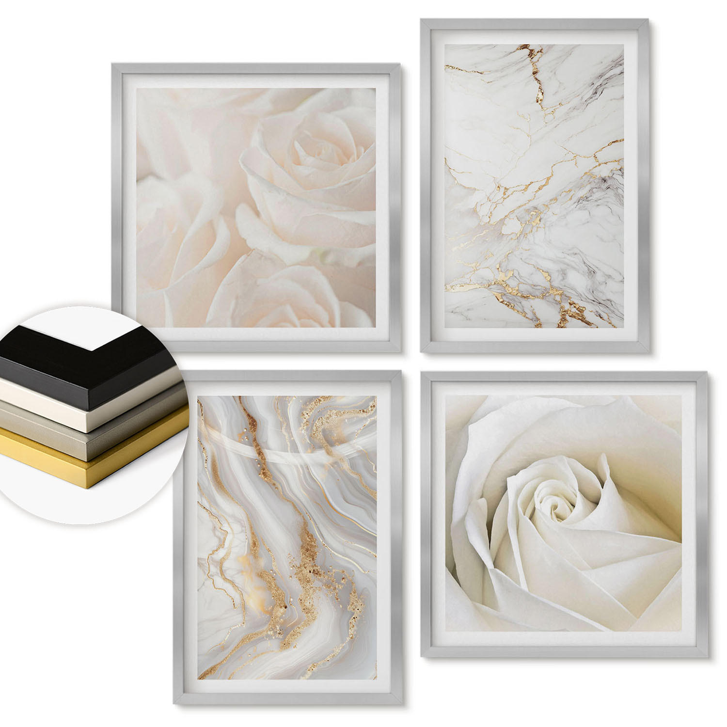 WANDBILDER 4er Set - 50x50 cm & 40x60 cm Silberner Rahmen - Elegante Marmormuster - Silberfarben, Kunststoff (50/50cm) - ArtPrintCave