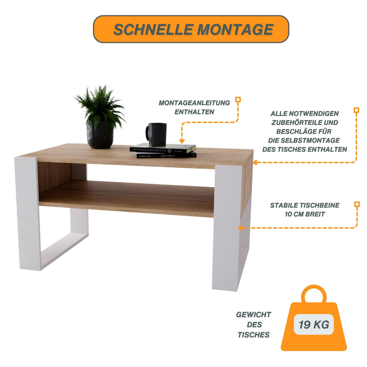 COUCHTISCH Holzwerkstoff rechteckig stabil Sonoma Eiche 45/53,6/92cm - Weiß/Sonoma Eiche, Holzwerkstoff (53.6/92/45cm) - CraftPAK