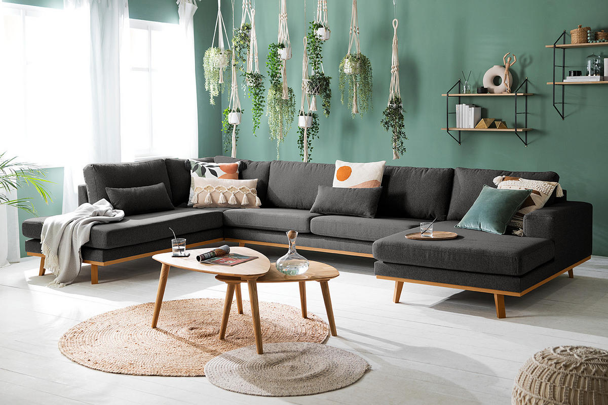 WOHNLANDSCHAFT mit Longchair - Dunkelgrau/Buchefarben, Textil (371/81/219cm) - home24