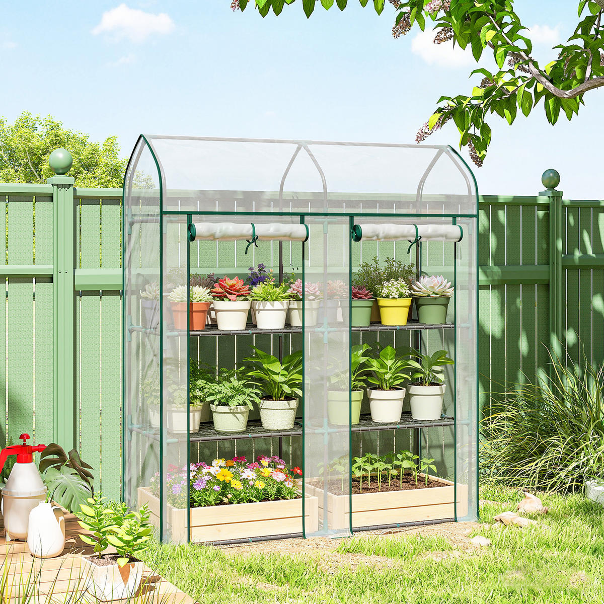GEWÄCHSHAUS DE-12075 3-stufig mit PVC-Bâche und 2 Rolltüren Transparent - Transparent, Metall (46/165/143cm) - ComfortXL