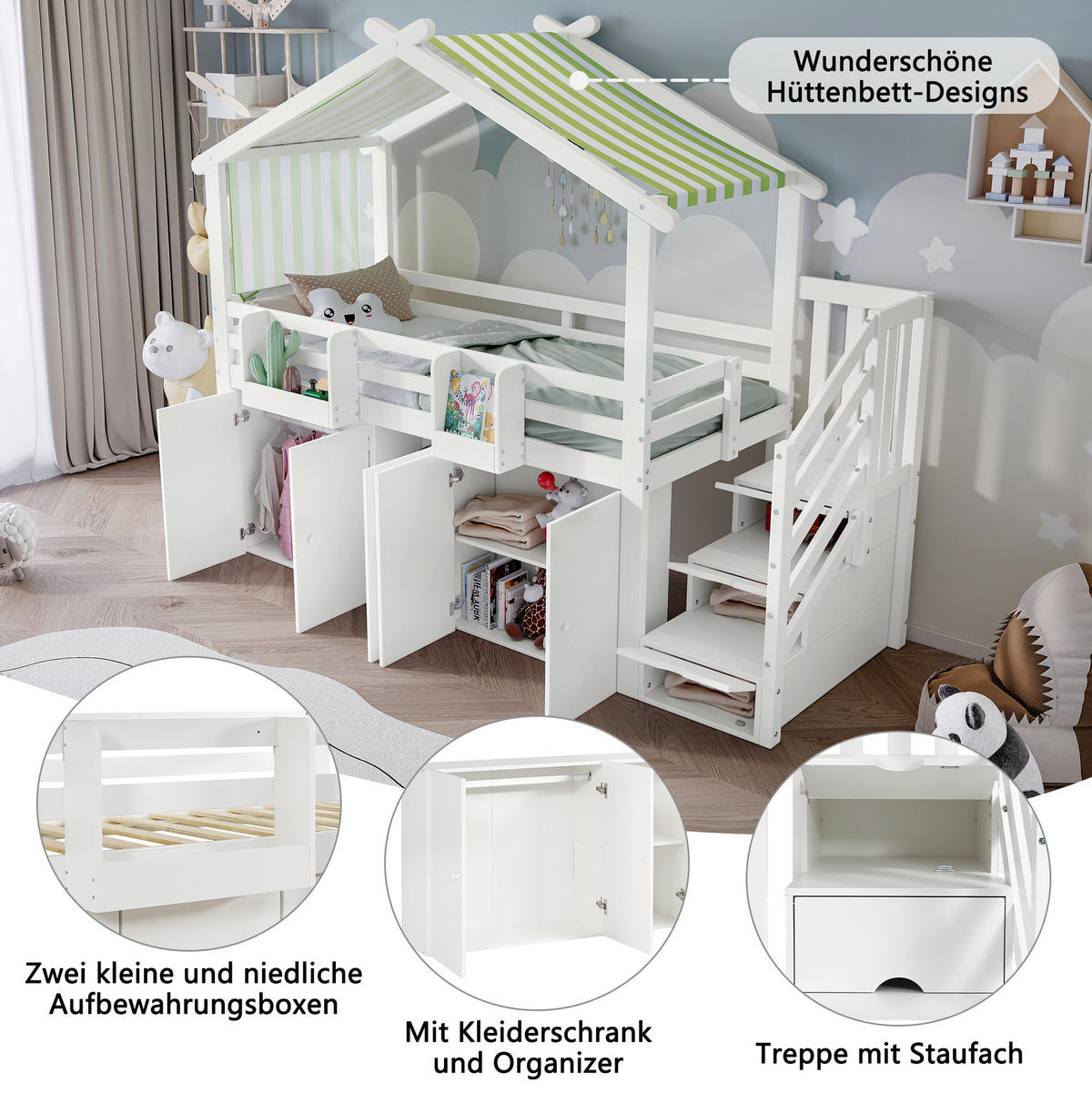 ETAGENBETT aus Kiefernholz, MDF und Sperrholz 90x200 cm Weiß/Grün mit Stauraumtreppe - Weiß, Holzwerkstoff (90/200cm) - IVMEU