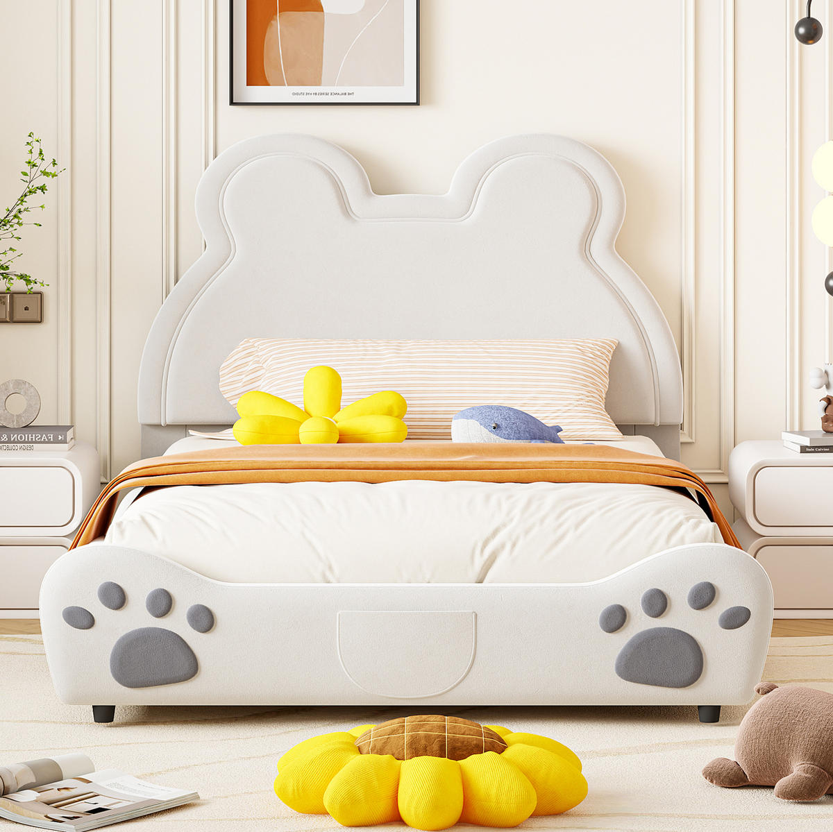 KINDER-POLSTERBETT 140x200 cm Weiß in Bärenform mit Samtbezug - Weiß, Textil (140/200cm) - IVMEU