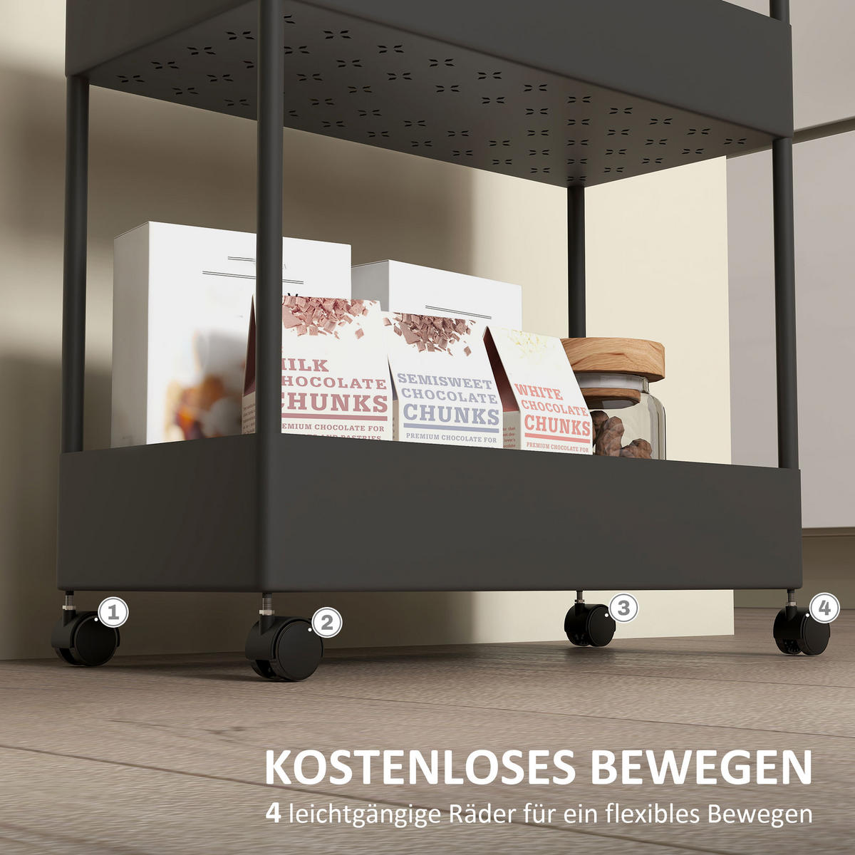 ROLLWAGEN mit 4 Ebenen, Kunststoff, Schwarz, 40 x 19 x 90 cm - Schwarz, Metall (40/90/19cm) - HOMCOM