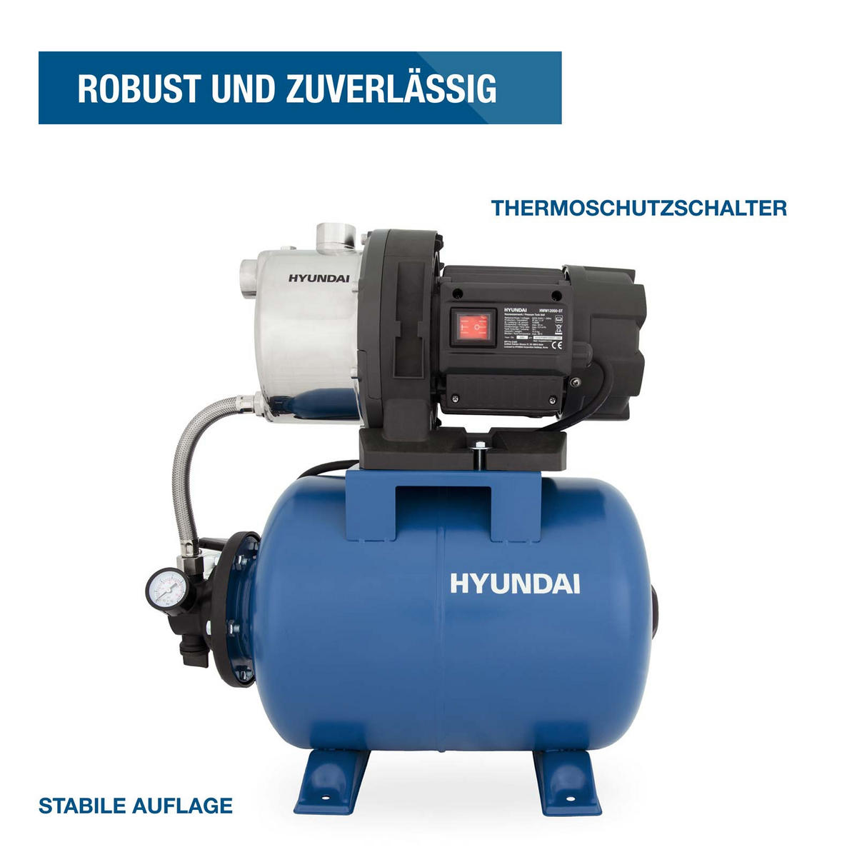 HAUSWASSERWERK HWW12050-ST (1200W, STAHL-Kessel, 5.000 l/h, Förderhöhe max. 50m, Ansaughöhe max. 8m) - Blau, Metall (27.5/51.4/48.1cm) - HYUNDAI
