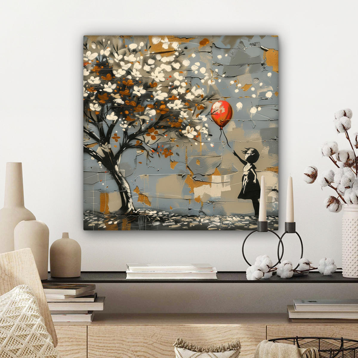 OBRAZ NA PLÁTNĚ Strom - Graffiti - Banksy styl - Dívka s balónkem 50x50 cm - šedohnědá, textil (50/50cm) - MuchoWow
