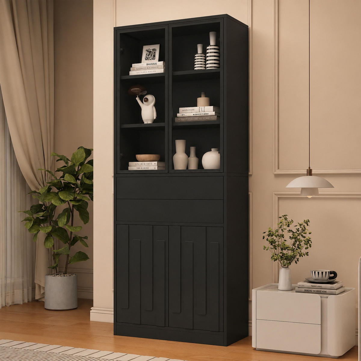 VITRINE 70x34x180 cm Schwarz mit LED und 2 Schubladen - Schwarz, Holzwerkstoff (70/180/34cm) - FLIEKS