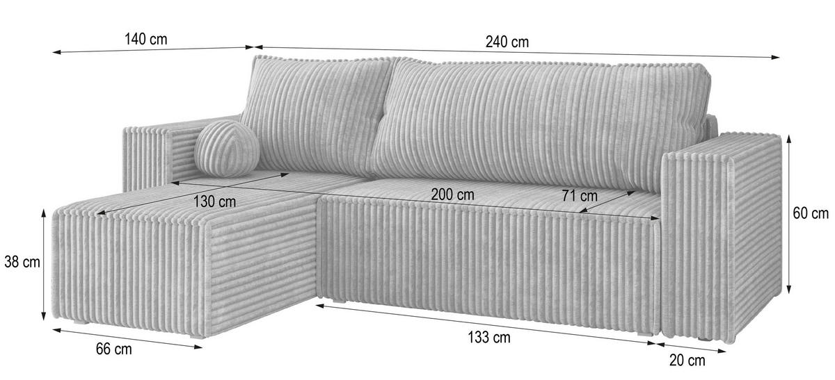 ECKSOFA RAVELO T Hellgrau Kordstoff mit Schlaffunktion - Hellgrau, Holz (240/140cm) - MASSENO