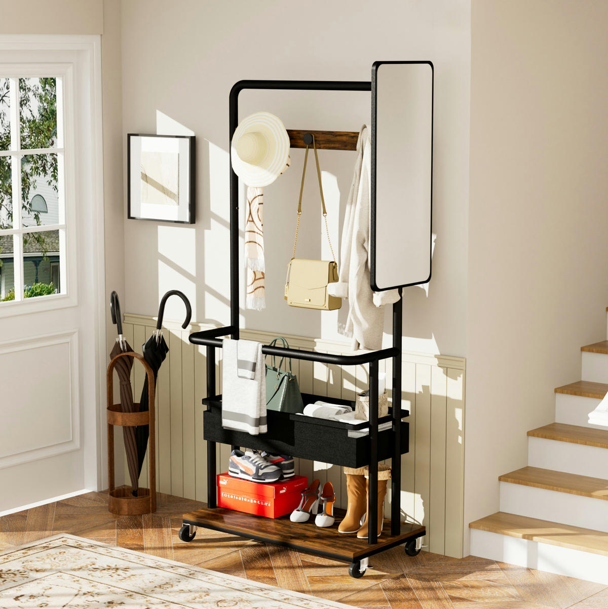 GARDEROBE Schwarz/Braun aus Holzwerkstoff und Stahl mit Rollen - Schwarz, Holzwerkstoff (40/170/70cm) - OKMYHOME