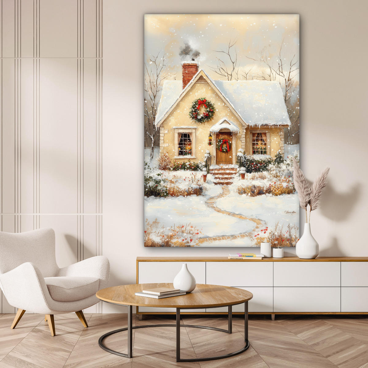 OBRAZ NA PLÁTNĚ Vánoce - Domov - Zima - Sníh 90x140 cm - krémová, textil (90/140cm) - MuchoWow
