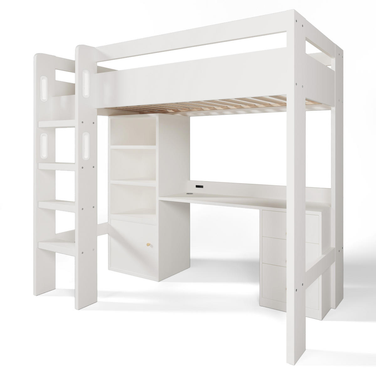 HOCHBETT 90/200 cm mit Schreibtisch, USB-/Type-C-Anschluss, Kleiderschrank und Stauraum, Weiß - Weiß, Holzwerkstoff (90/200cm) - Redom