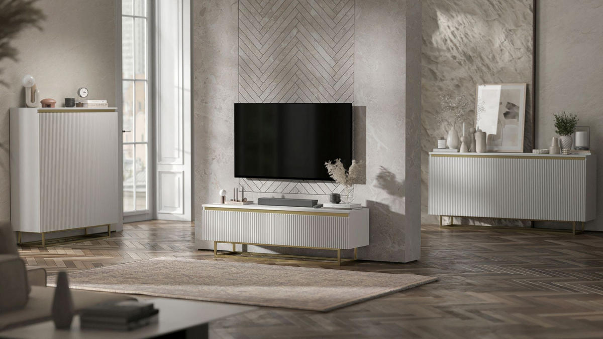 SIDEBOARD Selene 3D Weiß Matt mit geriffelten Fronten Glamour 167 cm - Goldfarben/Weiß, Holzwerkstoff/Metall (167/79/35cm) - Meble Lindner