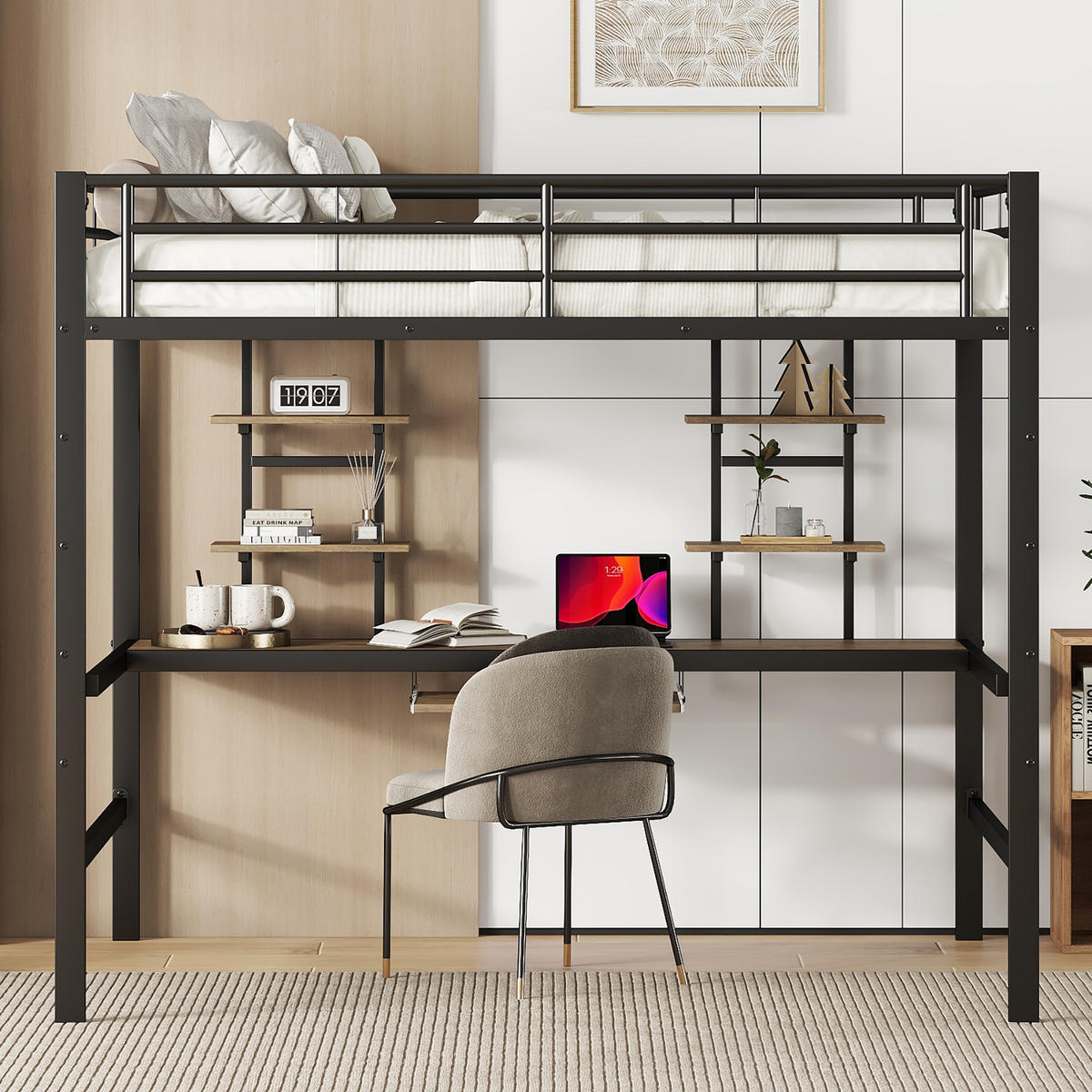 HOCHBETT 140/200 cm Schwarz aus Metall mit Schreibtisch Regalen und Lattenrost - Schwarz, Metall (140/200cm) - OKWISH