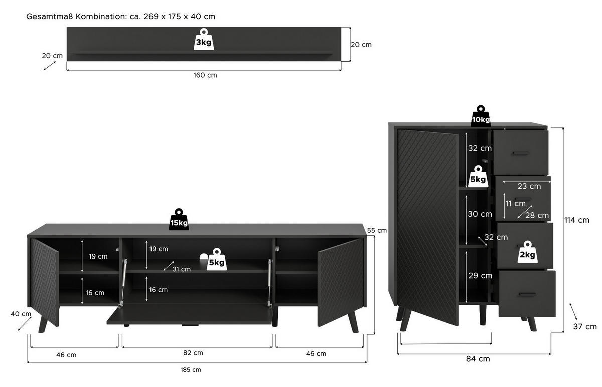 WOHNWAND grau matt 3-teilig 269 cm, Schrankwand mit Struktur - Schwarz/Grau, Holzwerkstoff/Metall (269/175/40cm) - Inn.Furn