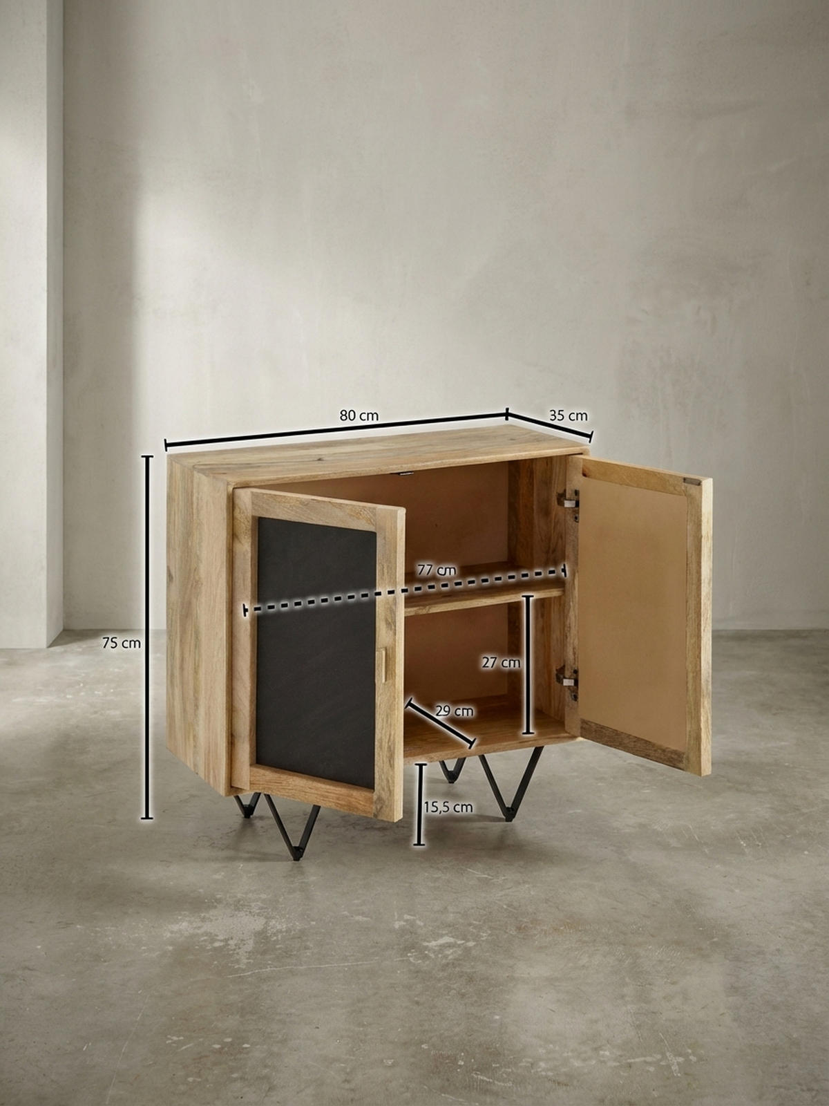 SIDEBOARD – Mangoholz, 80x75x35 cm, mit Stauraum, anthrazitfarbene Türen - Schwarz/Braun, Holz/Metall (80/75/35cm) - KADIMA DESIGN