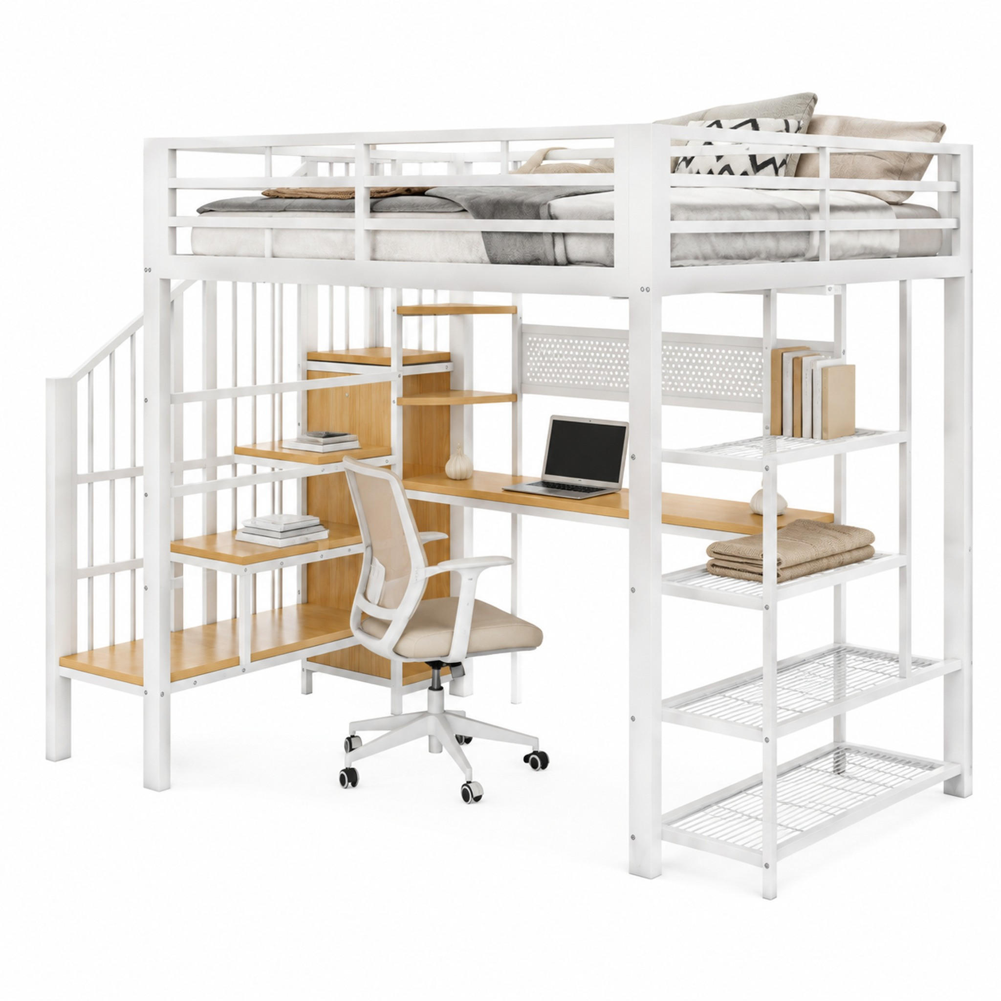 HOCHBETT mit Treppe und Schreibtisch 140x200 cm Metall Holz White - Weiß, Metall (140/200cm) - Meubliv