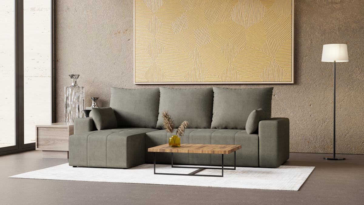 ECKSOFA Tico mit Bettkasten und Schlaffunktion, L-Form/XL-Form, Velourstoff, Universal - Hellgrau, Holzwerkstoff (246/145cm) - 4ALL HOME