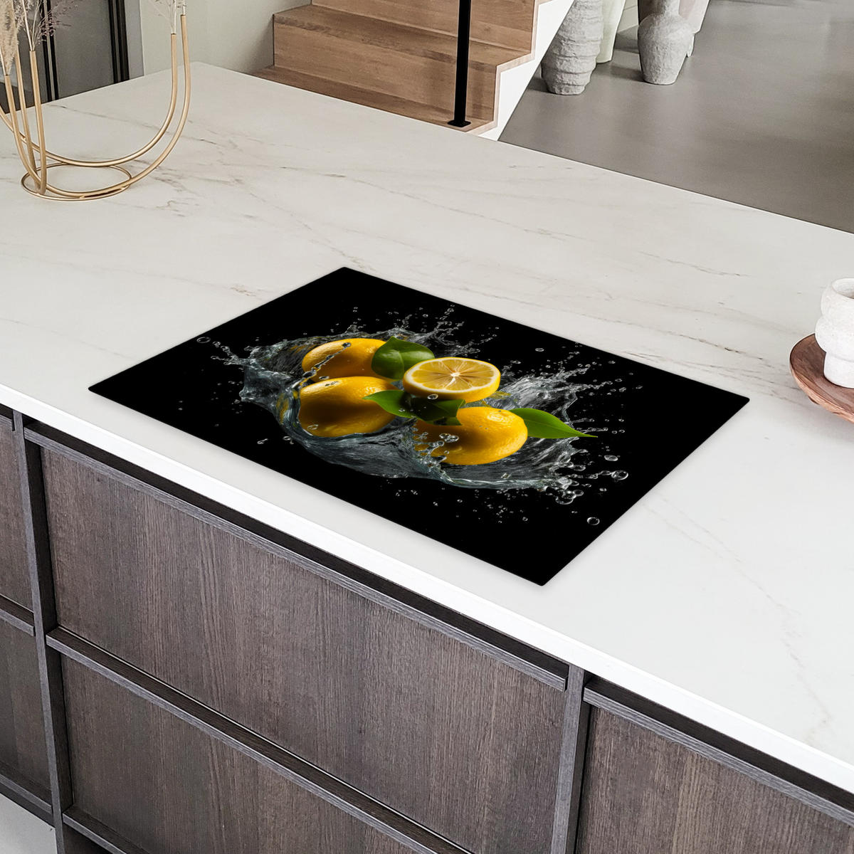 HERDABDECKPLATTE Zitrone - Obst - Gelb - Schwarz Induktionsschutz 80x52.2 cm - Gelb, Kunststoff (80.2/52.2/0.2cm) - MuchoWow