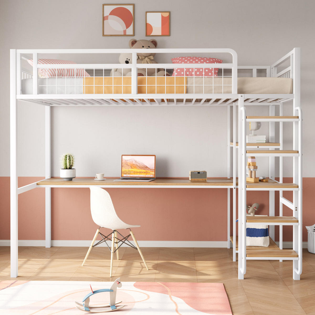 HOCHBETT 90/200 cm Weiß aus Metall und MDF mit Tisch und Regalen - Weiß, Metall (90/200cm) - OKMYHOME