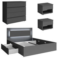 SCHLAFZIMMER-SET Fino graphit 4-teilig - Graphitfarben/Grau, Holz/Holzwerkstoff (140/200cm) - Feldmann-Wohnen