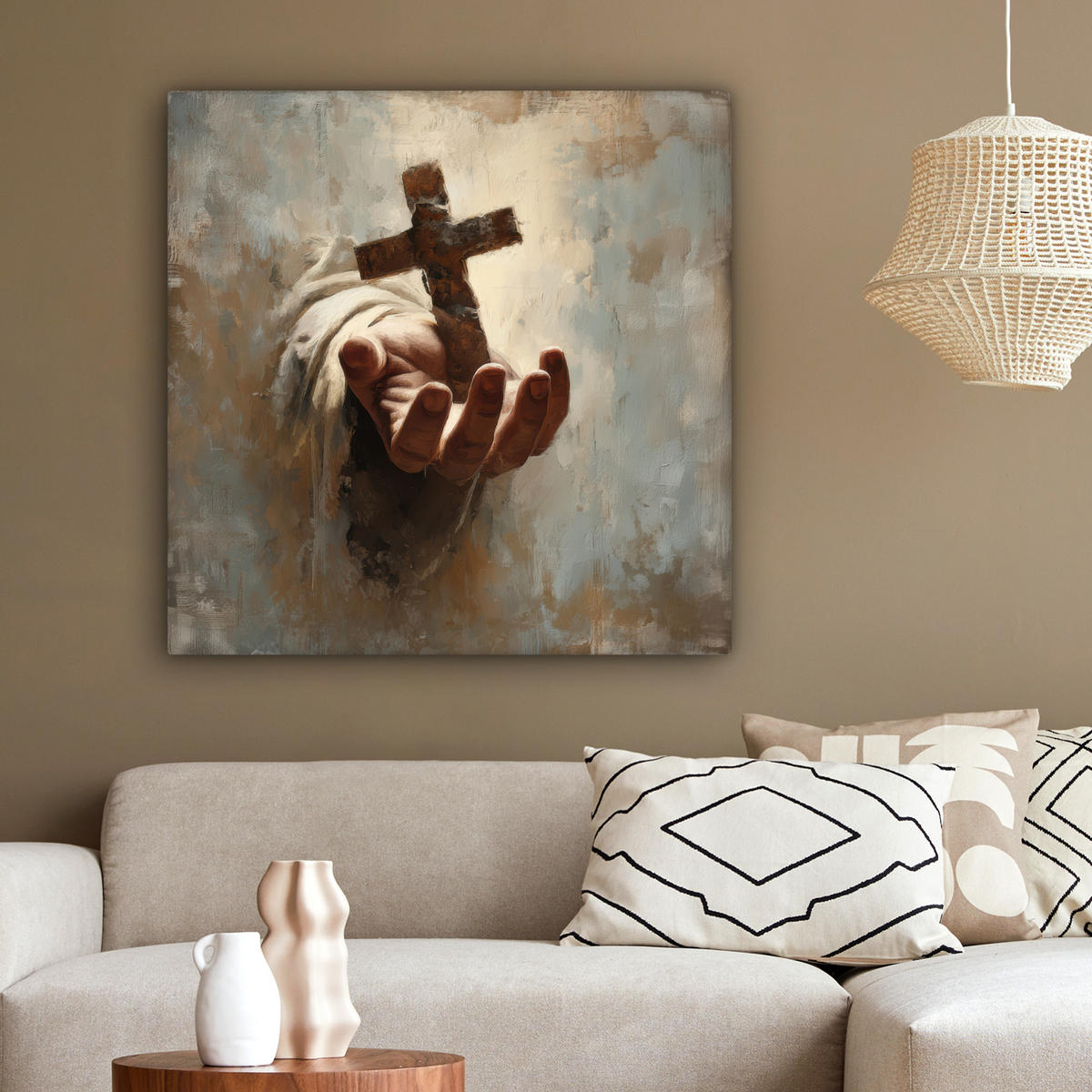 LEINWANDBILD Abstrakt - Kreuz - Hand - Christentum Deko Groß 90x90 cm - Hellbraun, Textil (90/90cm) - MuchoWow