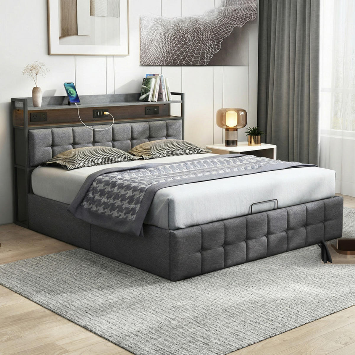 POLSTERBETT 140/190 cm grau mit Stauraum, LED und USB - Grau, Holz