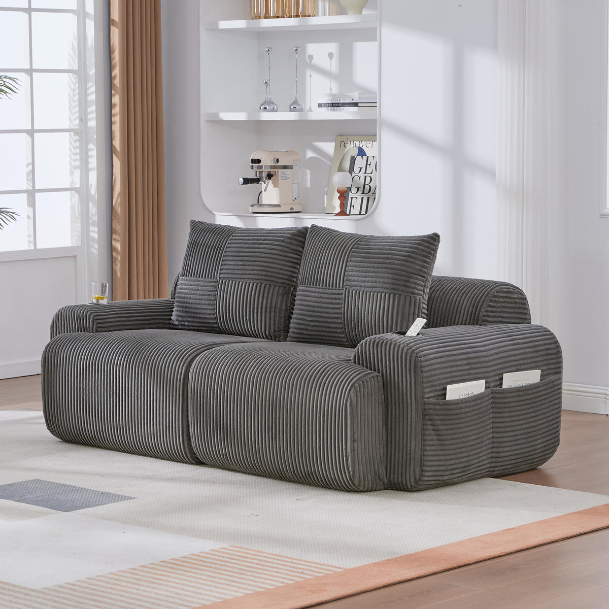 2-SITZER-SOFA aus Cordstoff 200x99x80 cm in Dunkelgrau mit Cupholder - Dunkelgrau, Textil (99/80/200cm) - Modfu