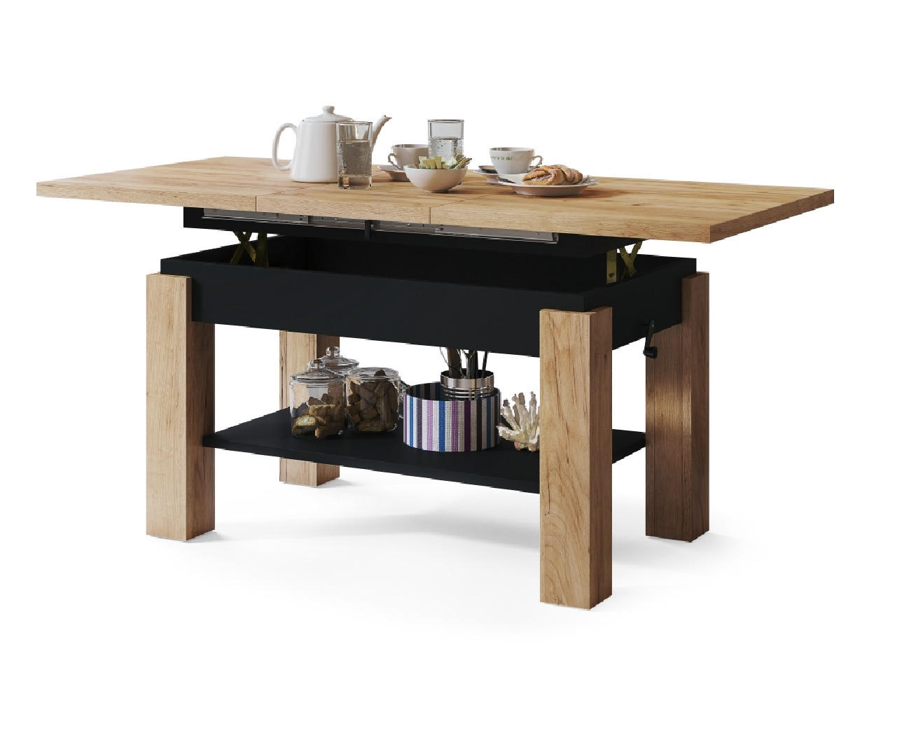 COUCHTISCH rechteckig Eiche Gold - Schwarz ausziehbar höhenverstellbar - Eichefarben/Schwarz, Holzwerkstoff (68/110/59cm) - designimpex