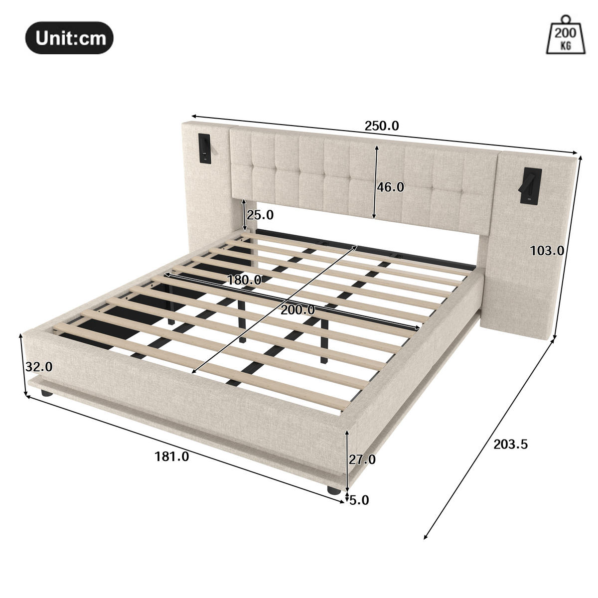 POLSTERBETT 180/200 cm Beige mit LED-Beleuchtung, Spot und USB-Anschluss aus Leinen - Beige, Textil (180/200cm) - OKWISH