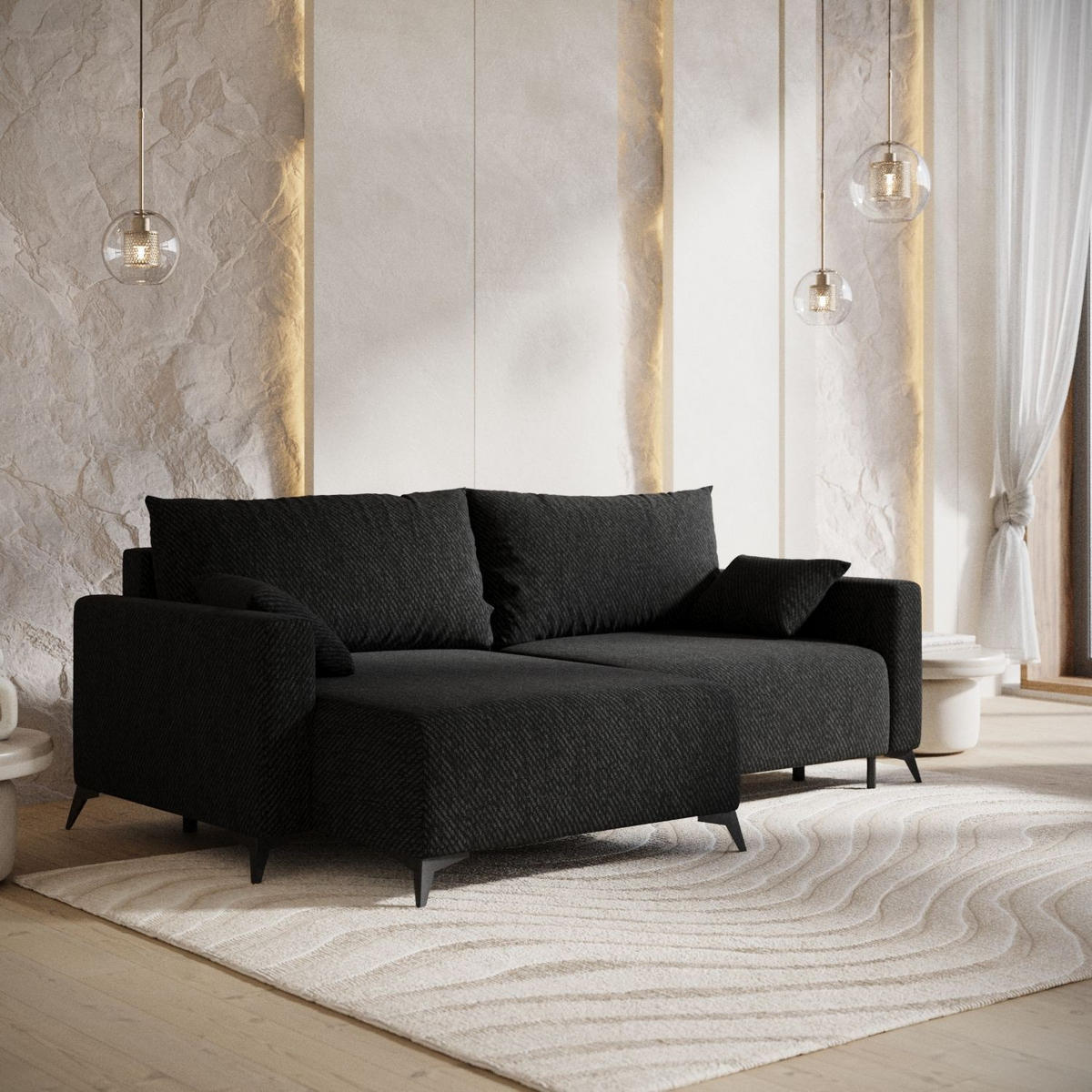 ECKSOFA NUVIO mit Schlaffunktion Schwarz im Neve Stoff - Schwarz, Holz/Holzwerkstoff (239/148cm) - AltaBeds